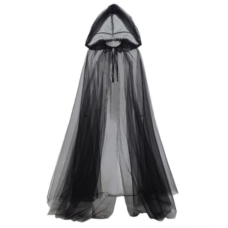 Halloween Cosplay Ghost Costume with Hooded Cape Witch Mesh Long Cloak